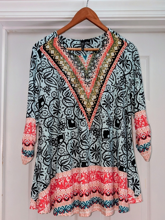 new directions Tops - CLEARANCE! new directions Light Blue Floral V-Neck Tunic with Coral Trim